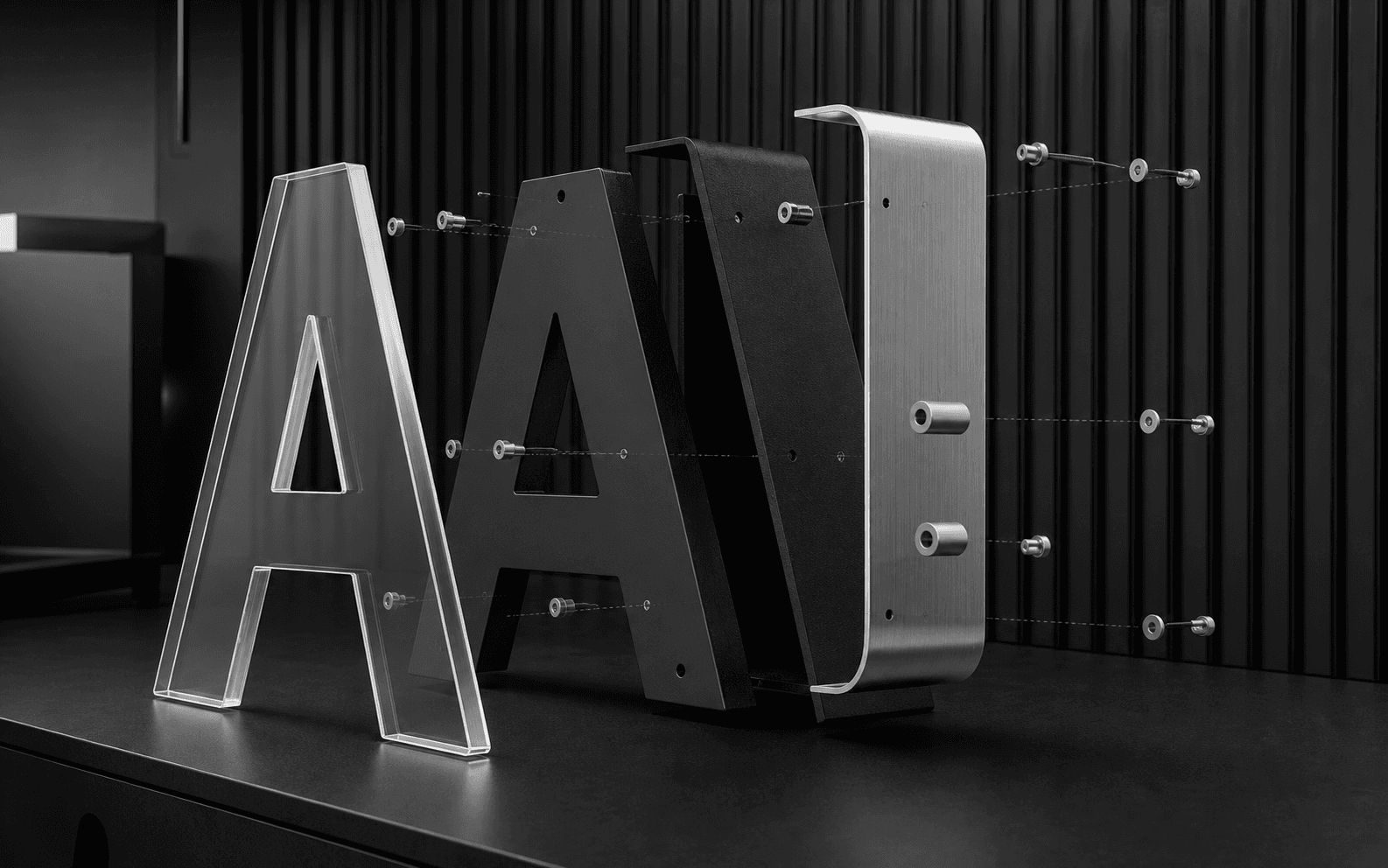 Explosión técnica de letras corpóreas con capas de acrílico, PVC y aluminio